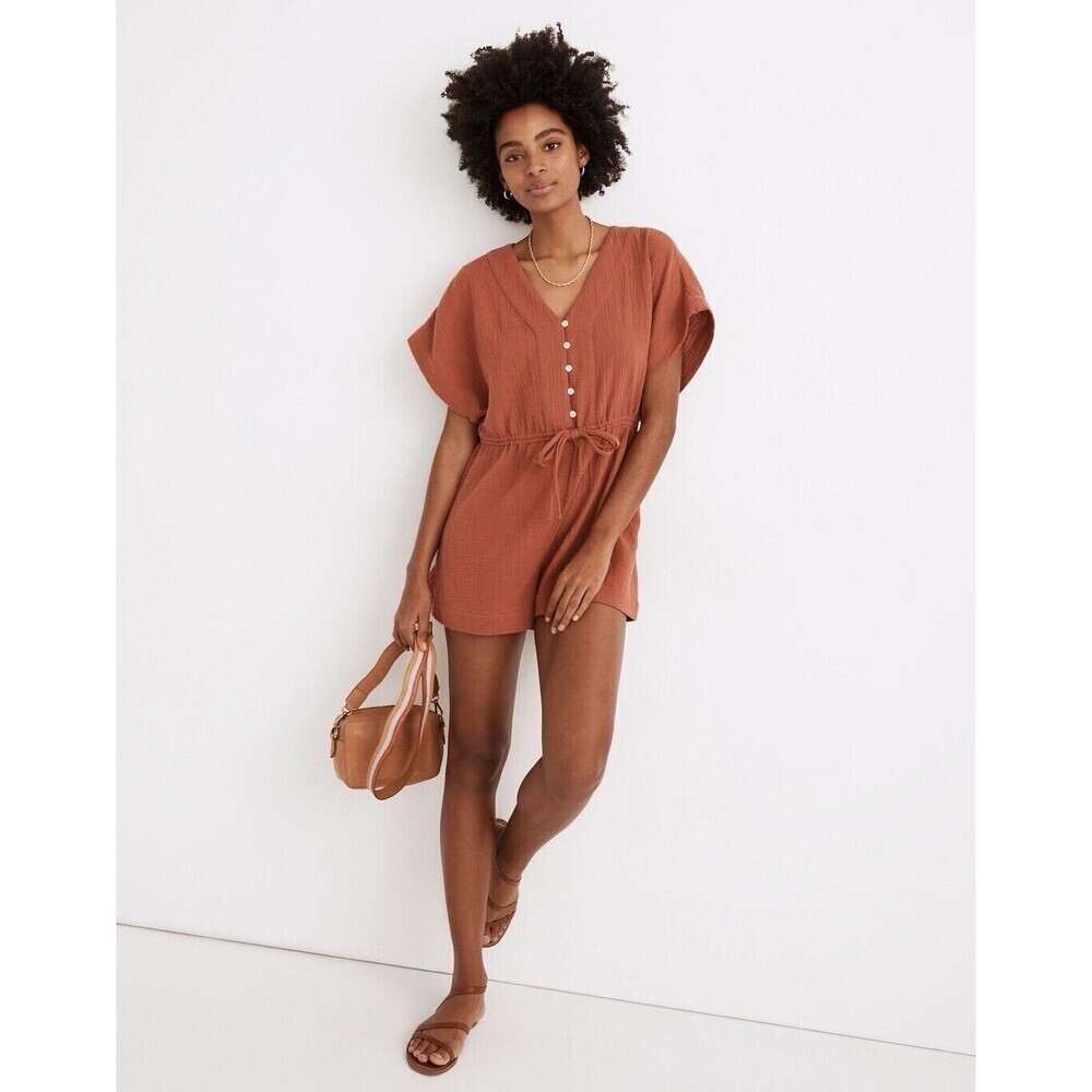 Madewell Women's Lightestspun Cover-Up Drawstring Romper Terracotta Beach Small
